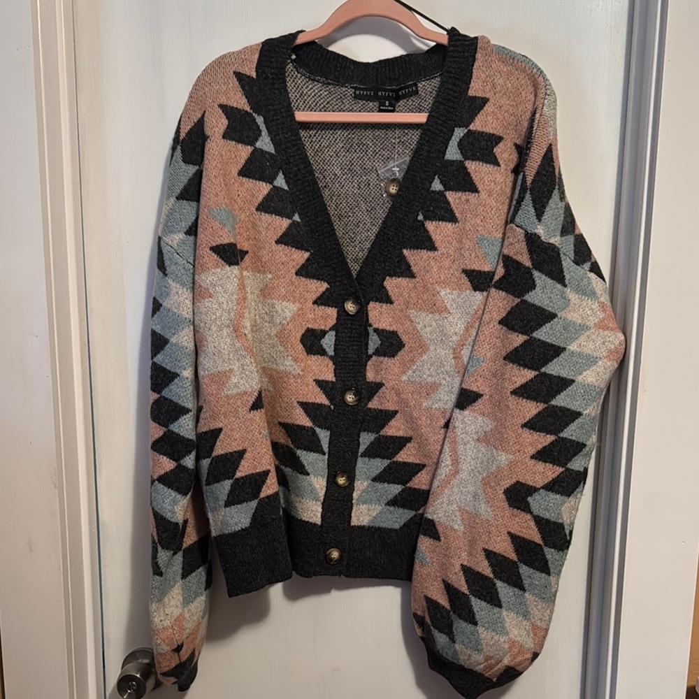 HYFVE Black and Pink Cardigan Sweater with Geometric Pattern